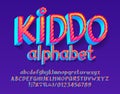 Kiddo alphabet font. 3D bright uppercase and lowercase letters, numbers and symbols. Royalty Free Stock Photo