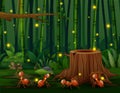 Happy four ants in the bamboo forest with fireflies