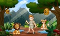 Scene with a safari boy and wild animals in the jungle Royalty Free Stock Photo