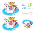 Find 10 differences. Educational game, little girl swim on unicorn rubber ring in the water