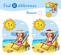 Find 10 differences. Educational game for children. A girl in a swimsuit sits on a lounger and smears herself with sunscreen