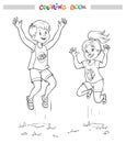 Black and white coloring book or illustration. Joyful girl and boy are jumping.