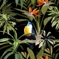 Exotic jungle plants illustration pattern with toucan bird. Creative floral seamless pattern.