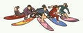 Surfing Sport Surfer Female Players Action Cartoon Graphic Vector