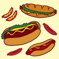 Set of fast food illustration. sandwich, hotdog and grilled sausage. delicious food with lettuce, cheese and mustard. hand drawn v Royalty Free Stock Photo