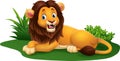 Cartoon happy sitting lion in grass
