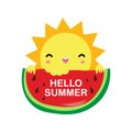 Hello Summer, sun holding a watermelon on have a fun summer time, Lounge time at the seaside. Summer vacation in flat cartoon Royalty Free Stock Photo