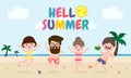 Hello summer template banner, Young man and woman jumping on have a fun summer time, Relaxing person at seashore, Lounge time Royalty Free Stock Photo