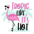 Tropic Like it`s Hot- funny slogan with cool flamingo and palm tree.