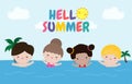 Hello summer banner template, Children swimming on the waves, Group of kids having fun on the beach, Summer time, Attractions Royalty Free Stock Photo