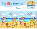 Find 10 differences. Happy children play in the sand on the beach near the sea, a seagull flies in the sky.