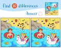 Find 10 differences. Cheerful boy and girl swim on rubber rings in the water, a dog jumps on the sh