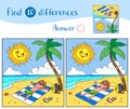Find 10 differences. The boy sunbathes on the beach with a palm tree near the sea, the sun looks at him and smiles. Royalty Free Stock Photo