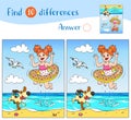 Find 10 differences. Joyful girl and dog are jumping into the sea on the beach, a seagull is flying in the sky.