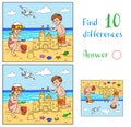 Find 10 differences. A girl and a boy are playing on the beach near the sea. The boy is building a sandcastle. Royalty Free Stock Photo