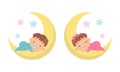 Cute baby boy and girl sleeping on crescent moon. Baby gender reveal illustration. Royalty Free Stock Photo