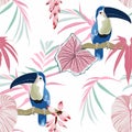 Exotic jungle plants illustration pattern with abstract blue toucan bird. Floral seamless pattern pink palm leaves. Royalty Free Stock Photo