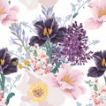 Seamless floral pattern with multi-colored tulip flowers, leaves and wild flowers on a white background. Royalty Free Stock Photo