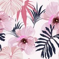Seamless floral pattern with pink tropical magnolia flowers and blue palm leaves on white background. Royalty Free Stock Photo