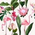 Seamless pattern background with pink tropical blooming flowers and exotic flamingo bird.