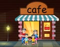 Cartoon happy family in front the cafe