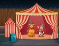 A lion circus with trainer performing on the circus tent Royalty Free Stock Photo