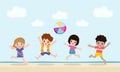 Hello summer banner template, Group of kids playing water volleyball on the beach, Children jump on the beach in summer time Royalty Free Stock Photo