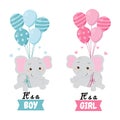 Cute baby elephant flying with balloons. Baby gender reveal clip art. Royalty Free Stock Photo