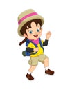 Cartoon girl explorer with backpack waving hand