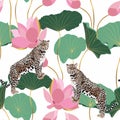 Abstract illustration of a leopard animal on a white background of pink lotuses with leaves.