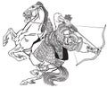 Mongol archer warrior on a horseback. Black and white