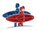 Surfer Action Group of Surfing Sport Man and Woman Players Cartoon Graphic Vector