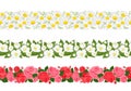 Flower garland from daisy, jasmine, red and pink rose flowers, buds and green leaves. Seamless pattern, border. Royalty Free Stock Photo