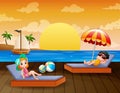 Sea landscape with boy and girl relax on sun lounger