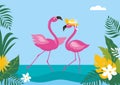 Horizontal banner with jungle exotic leaves and couple of pink dancing flamingo Royalty Free Stock Photo