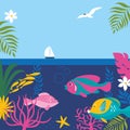 Illustration with jungle exotic leaves, colors fishes, seaweed, marine life