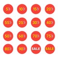 Special offer discount labels with different sale percentages.