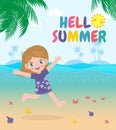 Hello summer banner template, cute kids jumping on the beach, summertime, Relaxing children at seashore, Lounge time