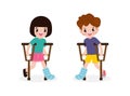 Set of asian kids injured with broken leg in gypsum, little children standing on crutches, cartoon teen disabled character broken Royalty Free Stock Photo