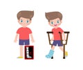 Cute cartoon Caucasian children with broken leg on x-ray and recovering with cast and crutches. Bone fracture treatment for kids. Royalty Free Stock Photo