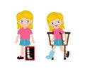 Cute cartoon Caucasian children with broken leg on x-ray and recovering with cast and crutches. Bone fracture treatment for kids. Royalty Free Stock Photo