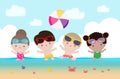 Hello summer banner template, Group of kids playing water volleyball on the beach, Children jump on the beach in summer time