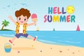 Hello summer banner template, Cute little kids holding ice cream and jumping on beach, happy in hot sunny day vacation flat