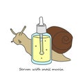 Bottle of serum with snail mucin and snail on background