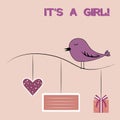 Vector image of a metric for the birth of a girl. Bird on a pink background. Nice picture.