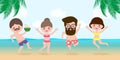 Hello summer banner template, Young man and woman jumping on have a fun summer time, Relaxing person at seashore, Lounge time