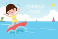 Summer time banner template, cute surfer people character with surfboard and riding on ocean wave. Happy young surfer