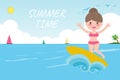 Summer time banner template, cute surfer people character with surfboard and riding on ocean wave. Happy young surfer