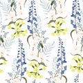 Spring bouquets on the white background. Seamless pattern with delicate flowers. Tulips, berries and herbs.