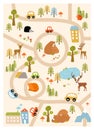 Print. Vector forest maze with animals, road, houses. Cartoon Forest Animals.